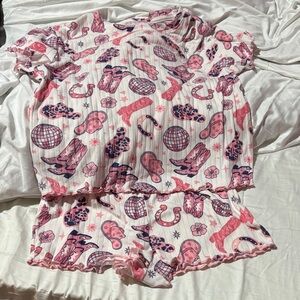 Tahari 10/12 Pink preppy disco ball cowboy hats  boots Patterned Pajama Set euc